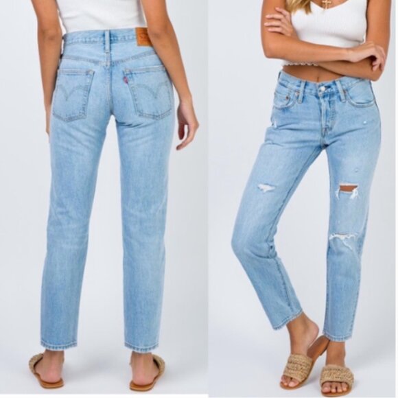 Levi's 501 T Tapered Jeans Light Wash Button Fly Ankle Crop Unisex Size 24 x 28 - Picture 1 of 16